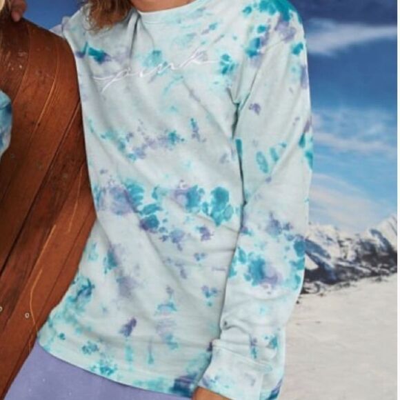 PINK Embroidered Tie Dye Campus Long Sleeve Tee blue purple - Picture 1 of 9